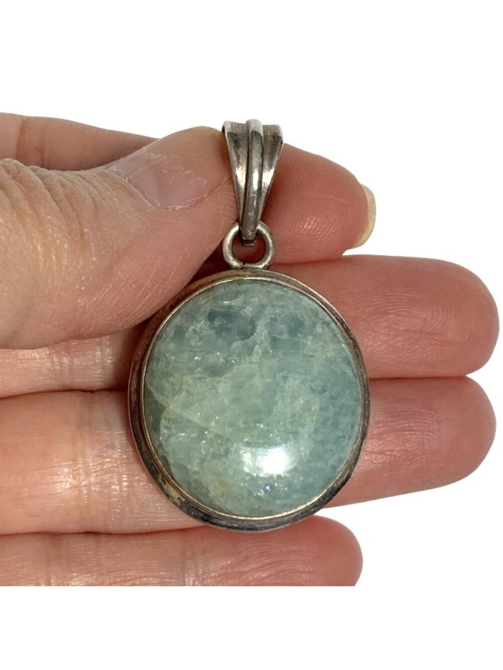 Chunky Aquamarine Light Blue Cabochon Open Back Marked 925 Silver Pendant